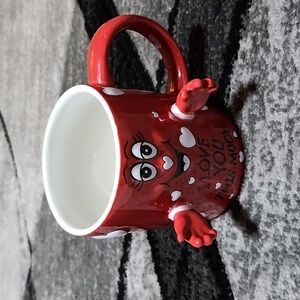 RED "I LOVE YOU THIS MUCH" TEXTURED HEARTS & FACE EXTENDED HANDS COFFEE MUG CUP